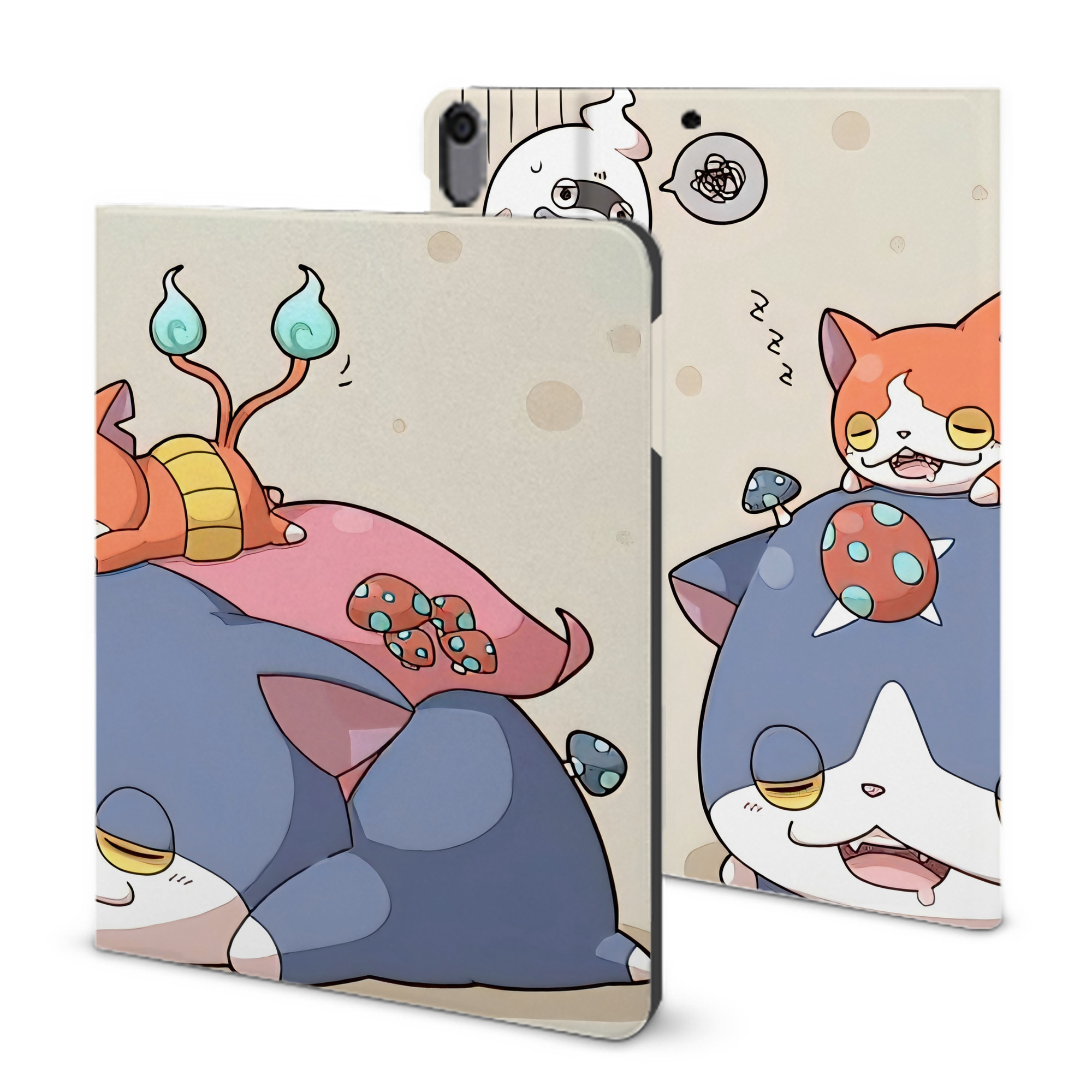 （画像用） 妖怪ウォッチ Yo-kai Watch IPad ケース ブック型 PUレザー TPU 耐衝撃 軽量 薄型 ペン収納なし 全面保護 IPad 各モデル対応